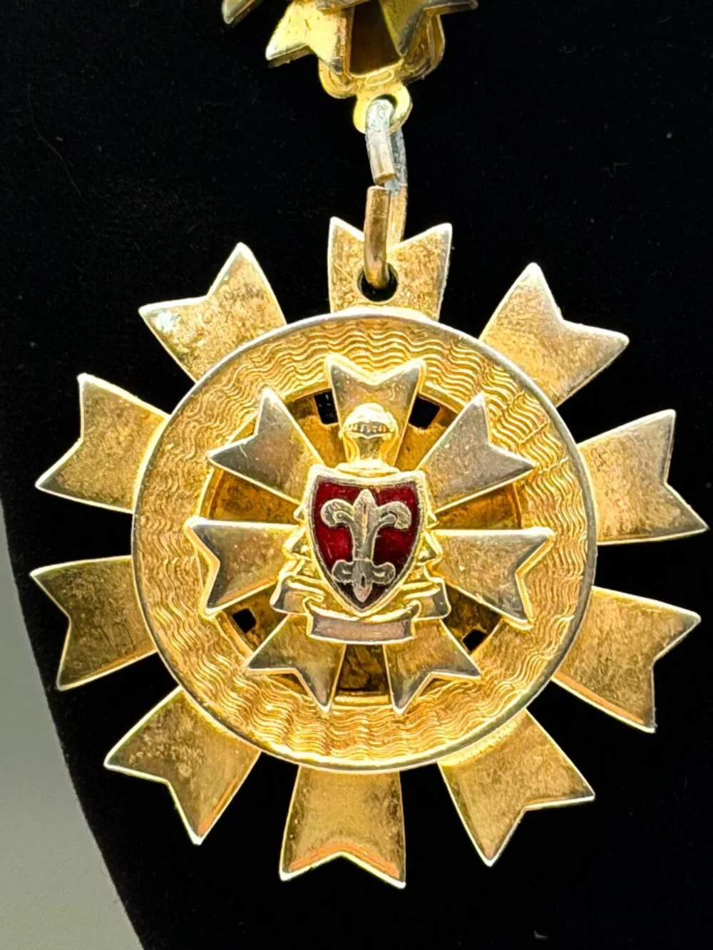 Antique Heraldic Sunburst Medallion Necklace Enamel Fleur-de-Lis Brass Maltese